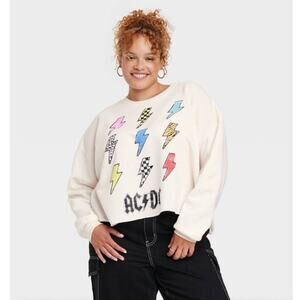 AC/DC Women's Cropped Lightning Bolt Cream Crew Neck Sweatshirt Plus Size 3X